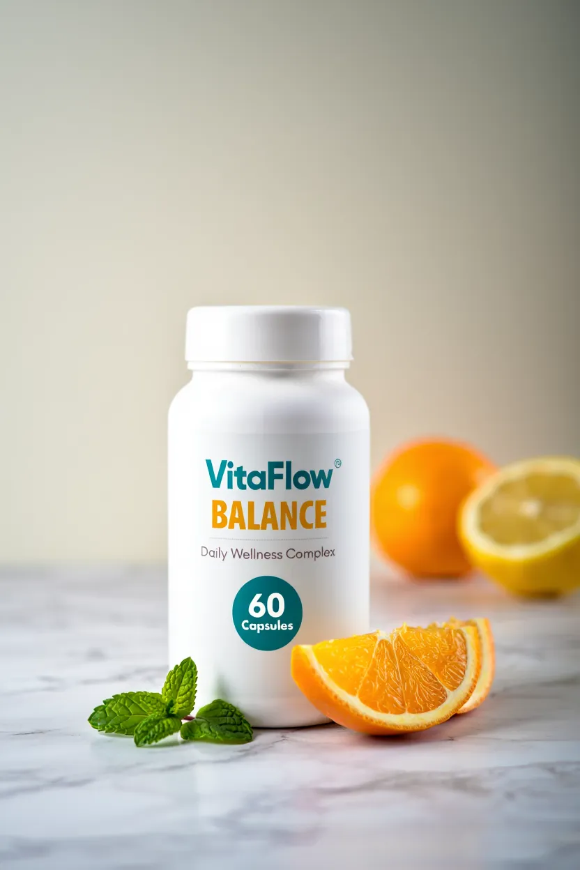 VitaFlow Balance supplement bottle with natural ingredients
